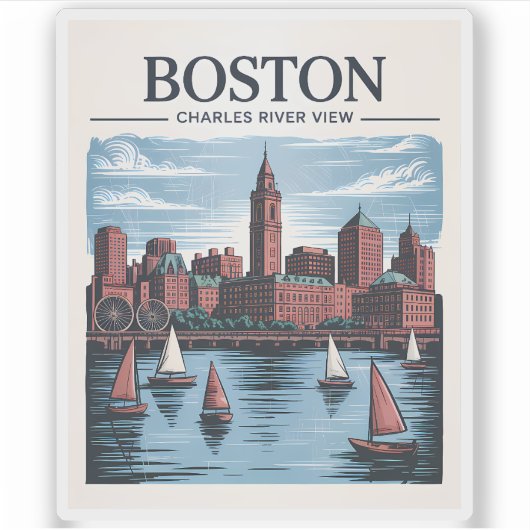 Boston Massachusetts Cityscape & Zeilboten Sticker (Voorkant)