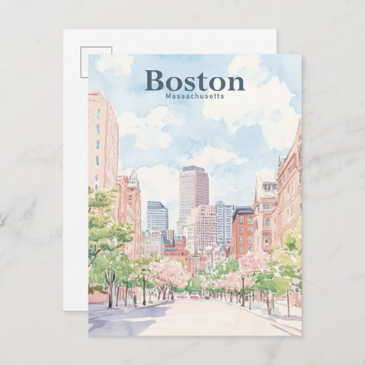 Boston Massachusetts Gouache Illustratie Reizen Briefkaart (Voorkant / Achterkant)