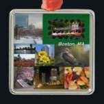 Boston, Massachusetts Photo Collage Metalen Ornament<br><div class="desc">Ik heb honderden foto's van Boston waardoor het voor mij onmogelijk is om slechts één afbeelding te kiezen, dus sta ik mezelf toe om te creëer en te genieten van kleurrijke collages met behulp van verschillende foto's van een lente, zomer, Herfst en een winterdag in Boston, MA. :-) Door celeste@khoncepts.com...</div>
