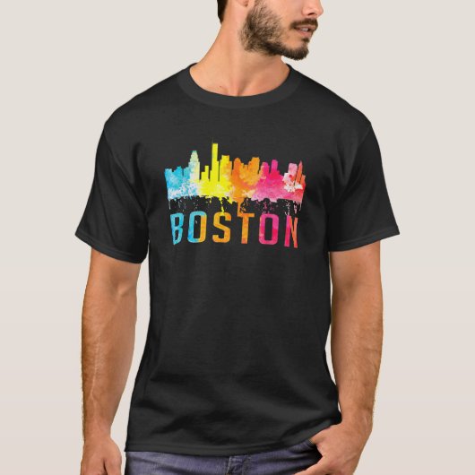 Boston Massachusetts Retro Waterverf Skyline Souv T-shirt (Voorkant)