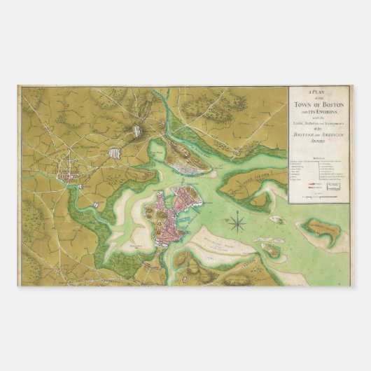 Boston Massachusetts Revolutionary War Map Rechthoekige Sticker (Voorkant)