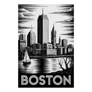 Boston Massachusetts Silhouette Zwart Wit Houtsned Perfect Poster