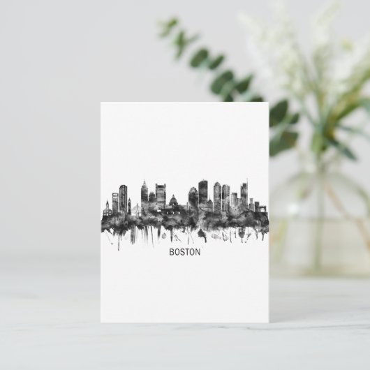 Boston Massachusetts Skyline BW Feestdagenkaart (Staand voorkant)