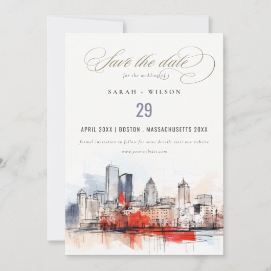 Boston Massachusetts Stadsgezicht Foto Bruiloft Save The Date (Voorkant)