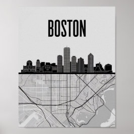 Boston Massachusetts Stadssilhouet Met Kaart Poster