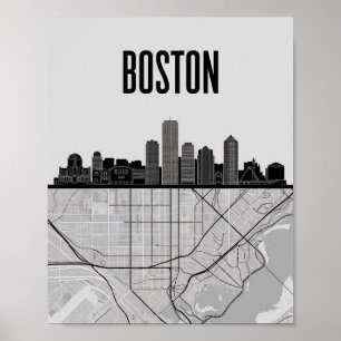 Boston Massachusetts Stadssilhouet Met Kaart Poster