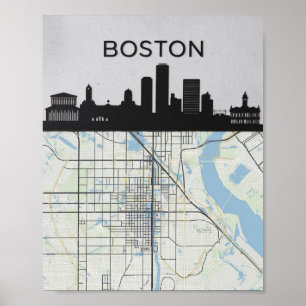 Boston Massachusetts Stadssilhouet Met Kaart Poster