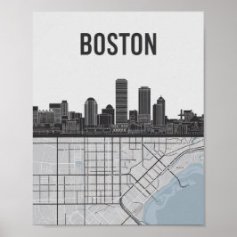Boston Massachusetts Stadssilhouet Met Kaart Poster