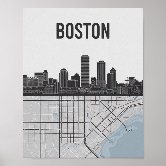 Boston Massachusetts Stadssilhouet Met Kaart Poster (Voorkant)