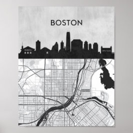 Boston Massachusetts Stadssilhouet Met Kaart Poster