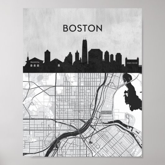 Boston Massachusetts Stadssilhouet Met Kaart Poster (Voorkant)