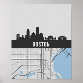 Boston Massachusetts Stadssilhouet Met Kaart Poster