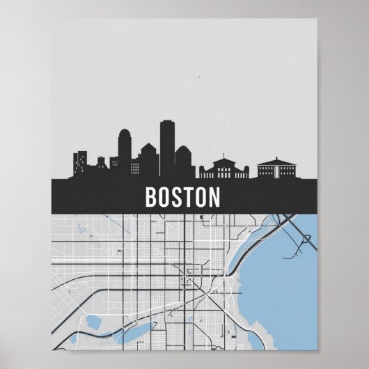 Boston Massachusetts Stadssilhouet Met Kaart Poster (Voorkant)