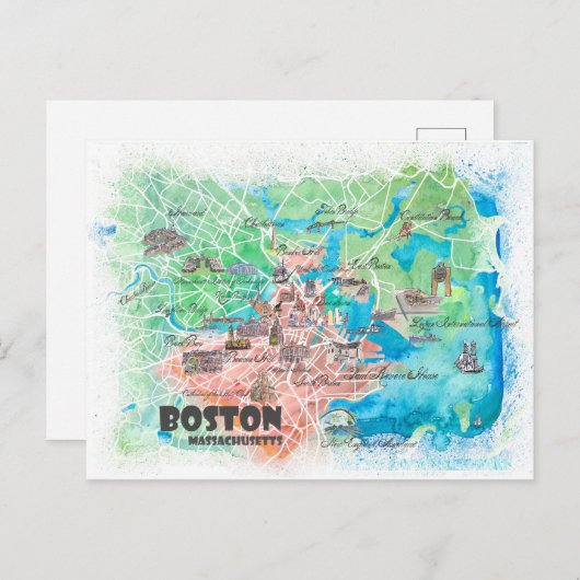Boston Massachusetts USA Illustrated Map & Road Briefkaart (Voorkant / Achterkant)