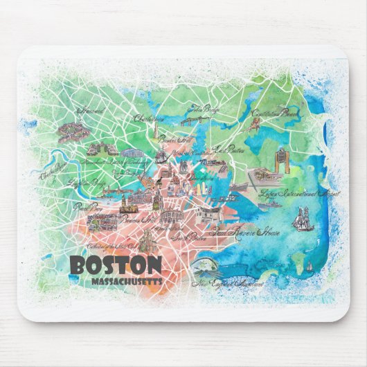Boston Massachusetts USA Illustrated Map & Road Muismat (Voorkant)
