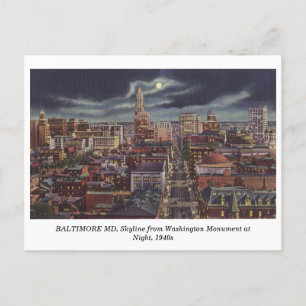 Boston MD Skyline bij nacht 1940 briefkaart