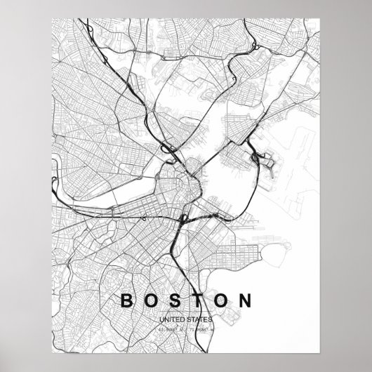 Boston Minimalistische Kaart (Zwart & Wit) Poster (Voorkant)