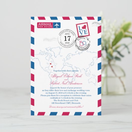 Boston naar Bermuda Wedding Airmail Kaart (Staand voorkant)