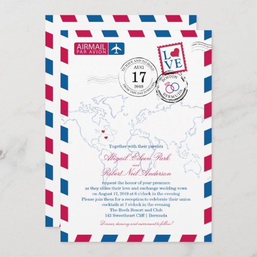 Boston naar Bermuda Wedding Airmail Kaart (Voorkant / Achterkant)
