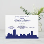 Boston Navy Skyline Silhouette Sweet 16 Party Kaart (Staand voorkant)