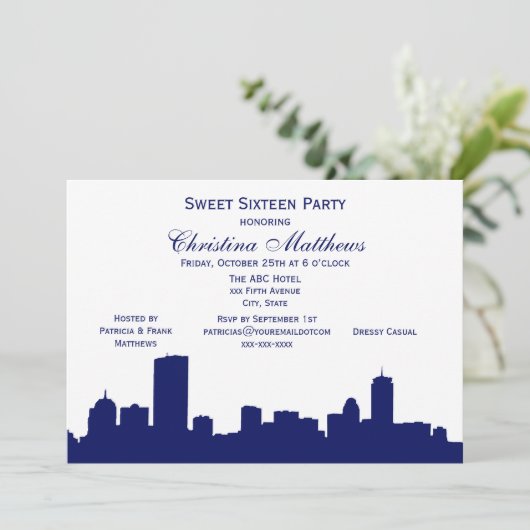 Boston Navy Skyline Silhouette Sweet 16 Party Kaart (Staand voorkant)