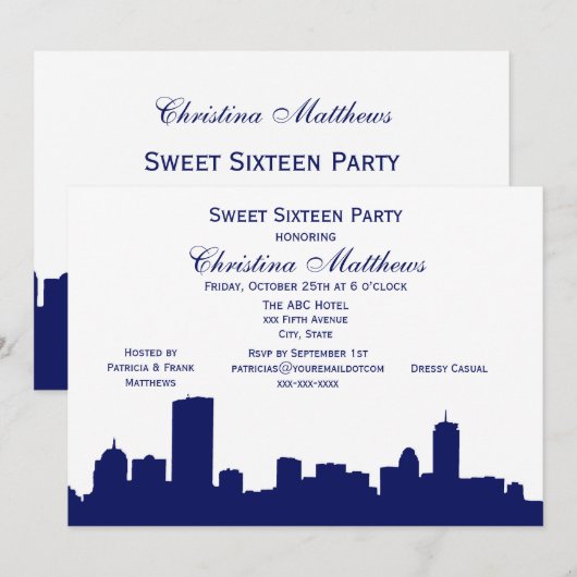 Boston Navy Skyline Silhouette Sweet 16 Party Kaart (Voorkant / Achterkant)