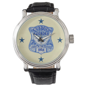 Boston Police Custom Zwart  leer Horloge