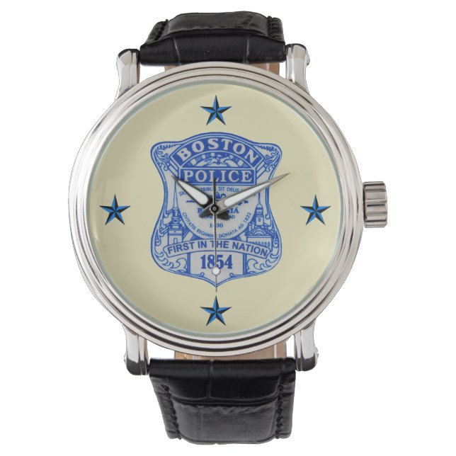 Boston Police Custom Zwart  leer Horloge (Voorkant)