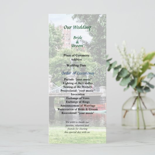 Boston Public Garden Bridge Wedding Program Programmakaart (Staand voorkant)