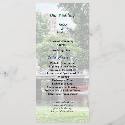 Boston Public Garden Bridge Wedding Program Programmakaart (Voorkant)