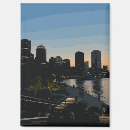 Boston Seaport Sunset City Skyline Watercolor Magneet