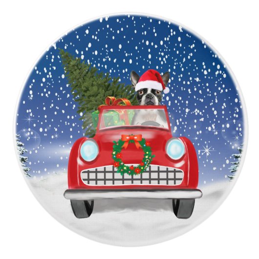Boston shier Dog rijdt met sneeuwkerst Keramische Knop (Voorkant)