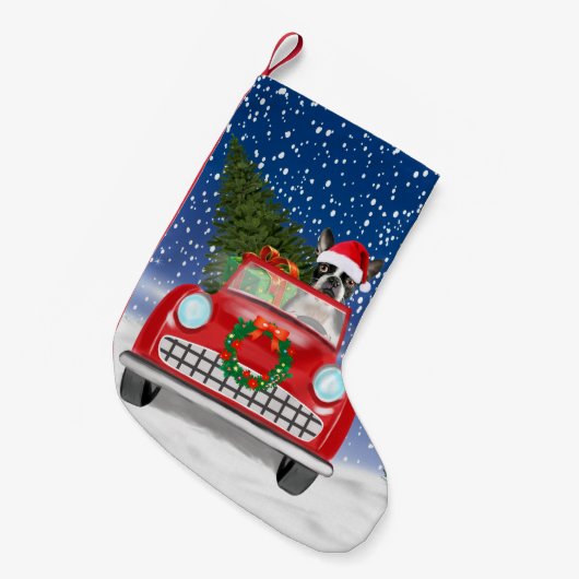 Boston shier Dog rijdt met sneeuwkerst Kleine Kerstsok (Voorkant (Hangend))