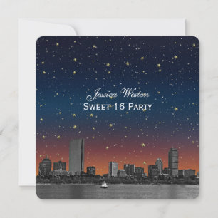 Boston Silhouette Blau Sterren Gravure Sweet 16 Kaart