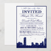 Boston Silhouette Donkerblauw op witte Uitnodiging (Voorkant / Achterkant)