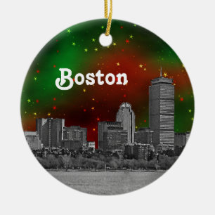 Boston Silhouette Gegraveerd Groen Rode Sterrenhem Keramisch Ornament