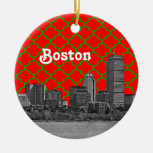 Boston Silhouette Gegraveerd Groen Rood Quatrefoil Keramisch Ornament