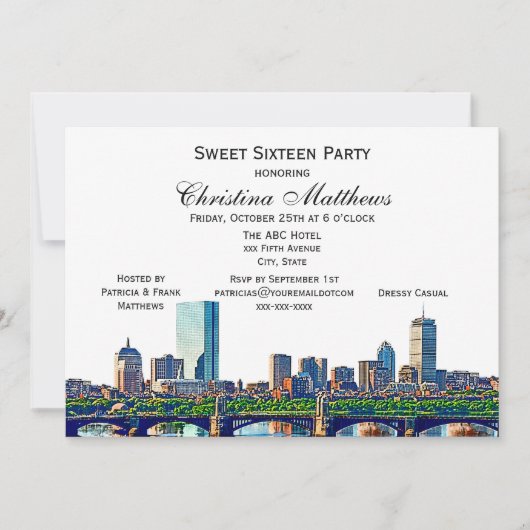 Boston skyline #2Col lief 16 feest Kaart (Voorkant)