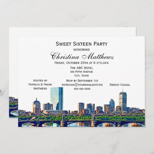 Boston skyline #2Col lief 16 feest Kaart (Voorkant / Achterkant)