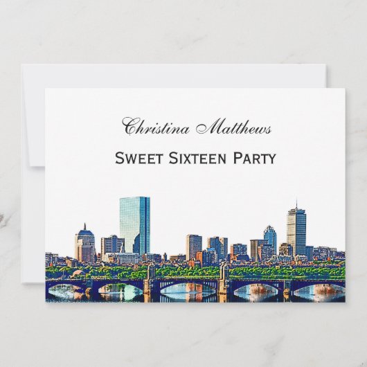 Boston Skyline #2Col Sweet 16 Feest Kaart (Achterkant)
