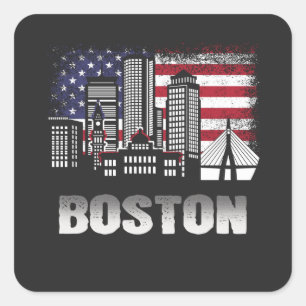 Boston Skyline American Flag Vierkante Sticker