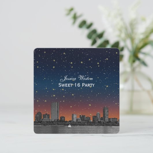 Boston skyline blauw sterrenstelsel geëtst zoet 16 kaart (Staand voorkant)