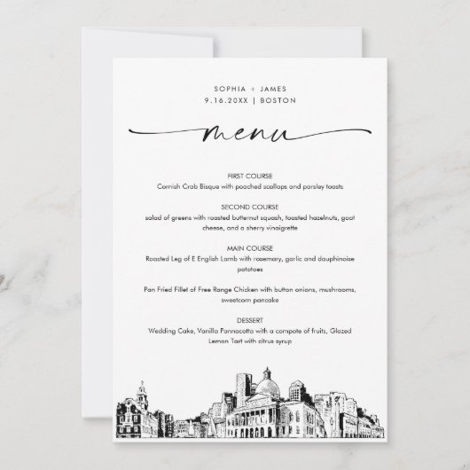 Boston Skyline bruiloft diner menu Kaart 5x7 (Voorkant)