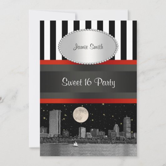 Boston Skyline BW BLK WHT STRP Rood Zoet 16 Party Kaart (Voorkant)