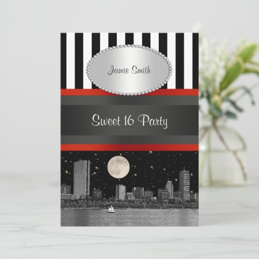 Boston Skyline BW BLK WHT STRP Rood Zoet 16 Party Kaart (Staand voorkant)