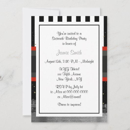 Boston Skyline BW BLK WHT STRP Rood Zoet 16 Party Kaart (Achterkant)