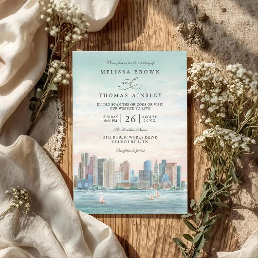 Boston Skyline Destination Elegant QR Code Wedding Kaart