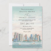 Boston Skyline Destination Elegant QR Code Wedding Kaart (Voorkant)