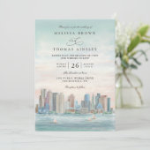 Boston Skyline Destination Elegant QR Code Wedding Kaart (Staand voorkant)