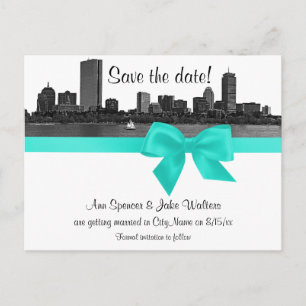 Boston Skyline Etched BW Aqua Save the Date Aankondigingskaart